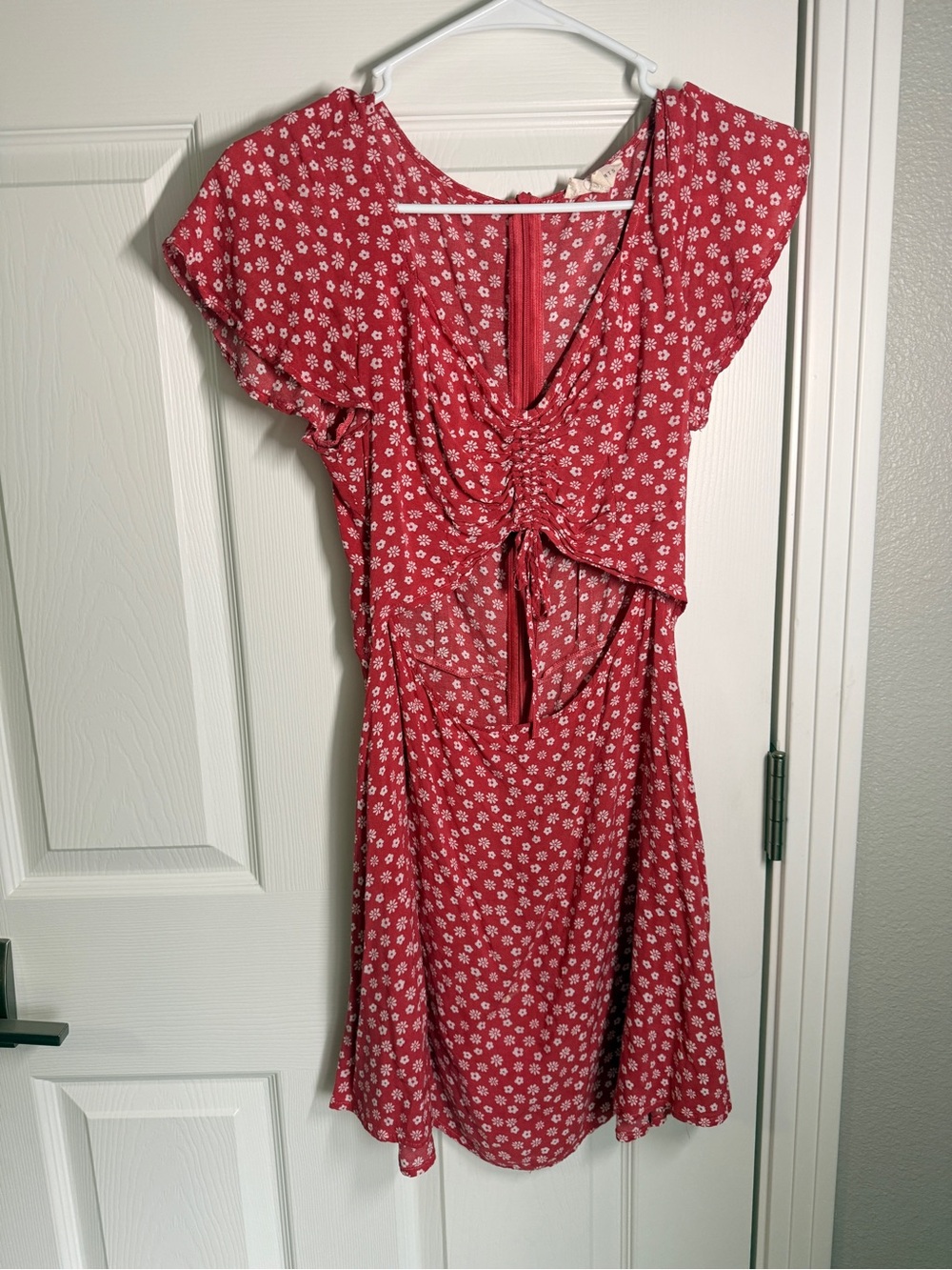 La Hearts Red Floral Midi Dress with Front Tie